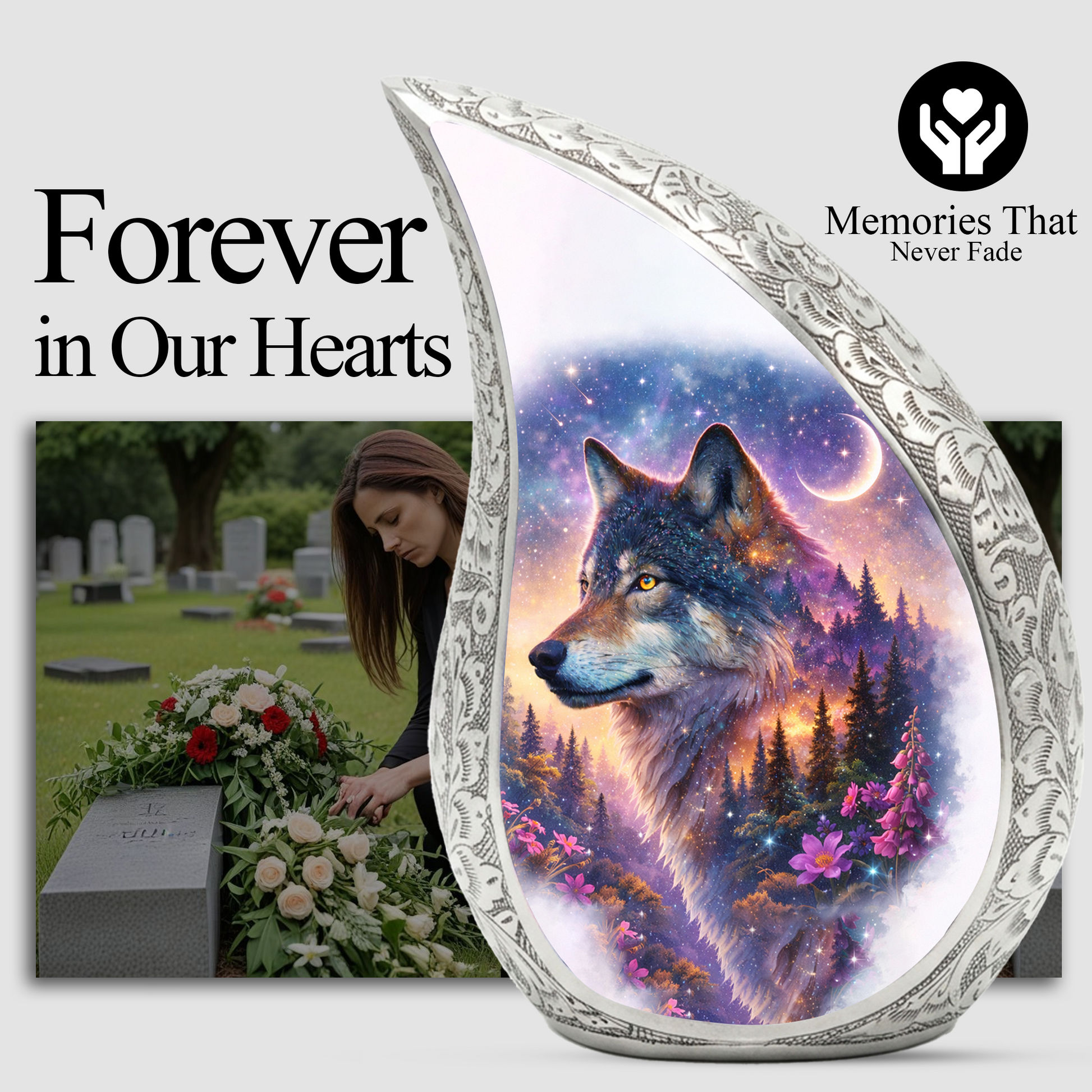 Personalized Wolf Dog Cremation Urn – Custom Pet Memorial Urn for Dog Ashes, Woodland Wolf Teardrop Aluminum Pet Urn, 10 Inch