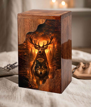 Wolf & Stag Wooden Cremation Urn – Woodland Memorial Urn