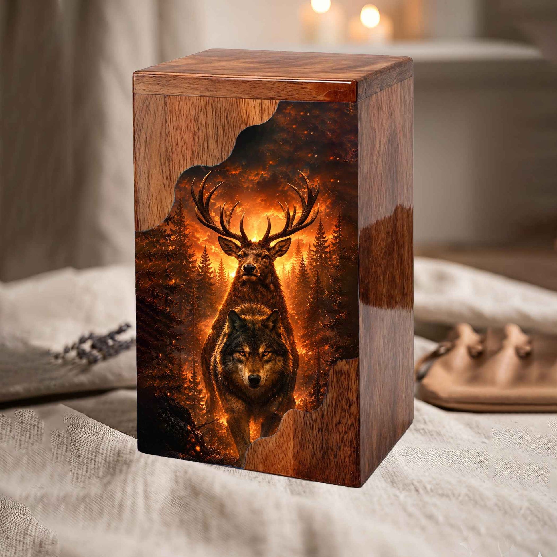 Wolf & Stag Wooden Cremation Urn – Woodland Memorial Urn