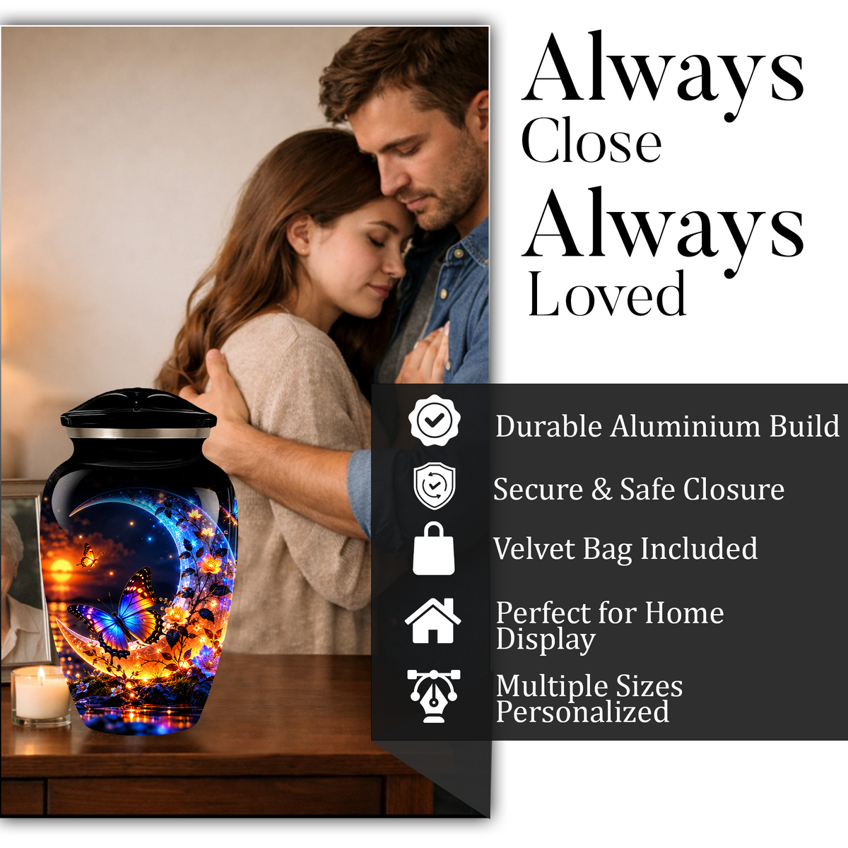 Butterfly Moon Cremation Urn for Adult Ashes, Personalized Adult Memorial Urn with Sunset and Floral Design