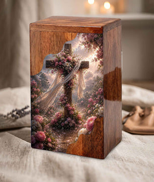 Christian Cross Wooden Cremation Urn | Floral Cross Urn for Human Ashes