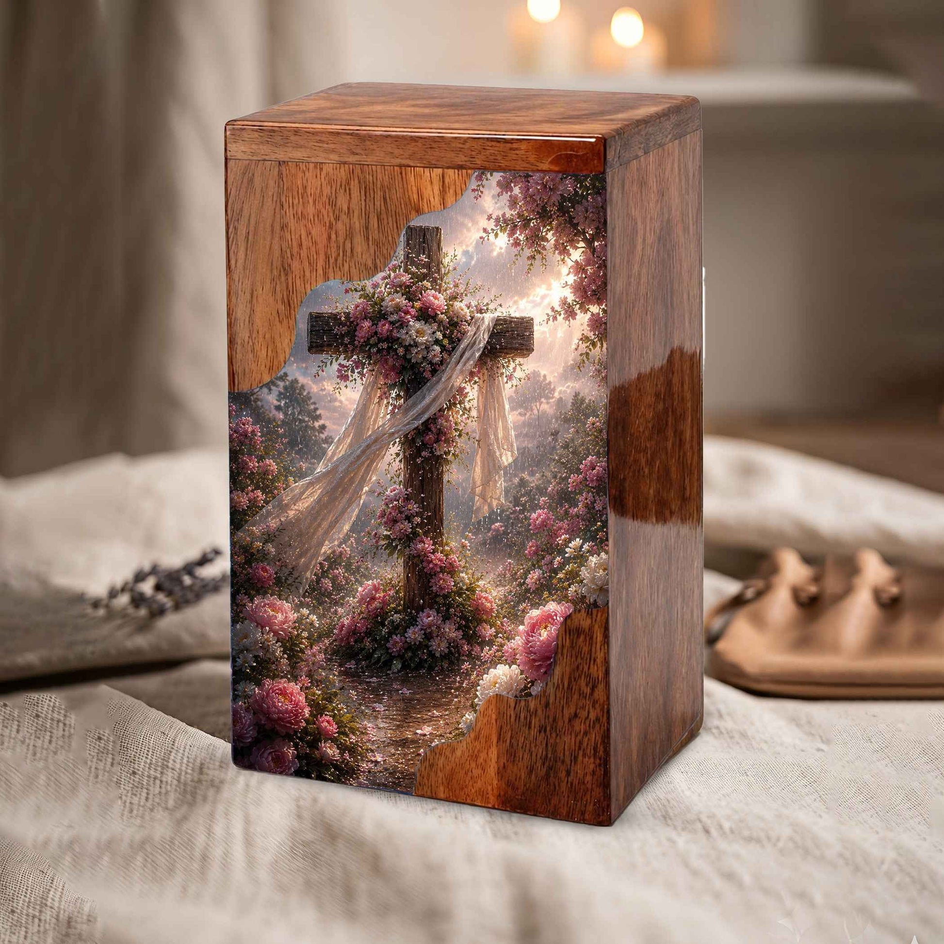 Christian Cross Wooden Cremation Urn | Floral Cross Urn for Human Ashes
