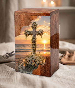 Wooden Cremation Urn for Human Ashes, Christian Urn