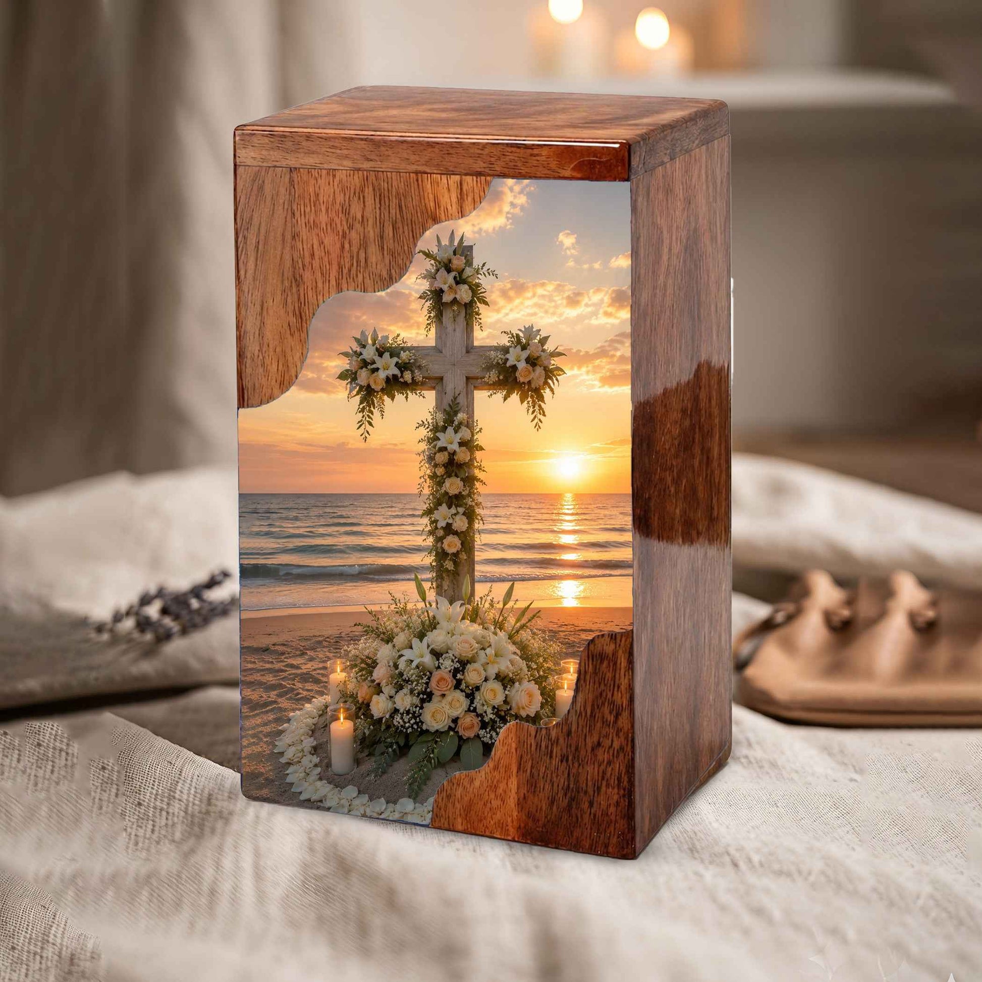 Wooden Cremation Urn for Human Ashes, Christian Urn