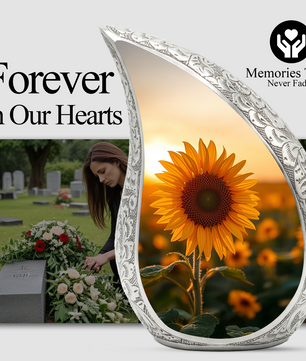 Sunflower Personalized Cremation Urn – Teardrop Style Aluminum Memorial Urn, 10 Inch