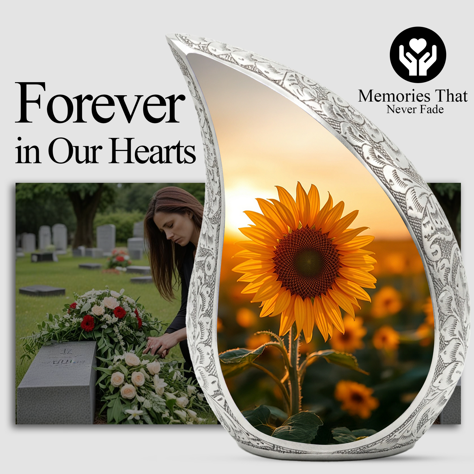 Sunflower Personalized Cremation Urn – Teardrop Style Aluminum Memorial Urn, 10 Inch