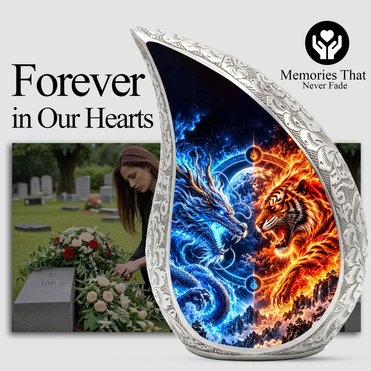 Tiger and Dragon Cremation Urn for Ashes, Fire and Ice Memorial Urn
