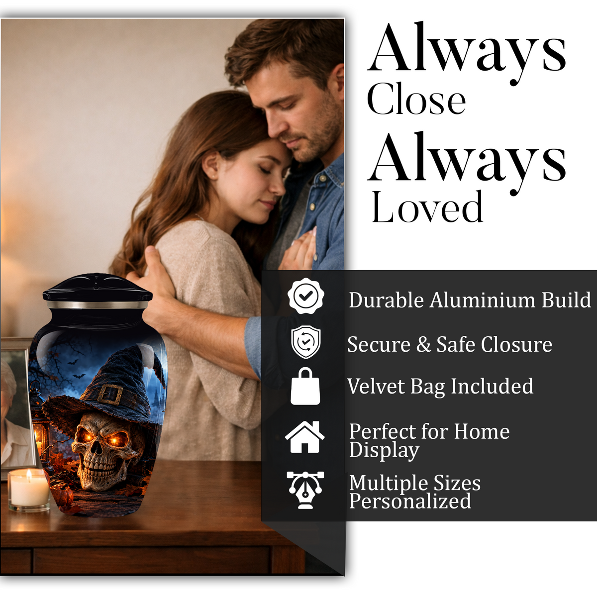 Halloween Skull Adult Urn for Ashes – Gothic Witch Hat Cremation Urn for Adults