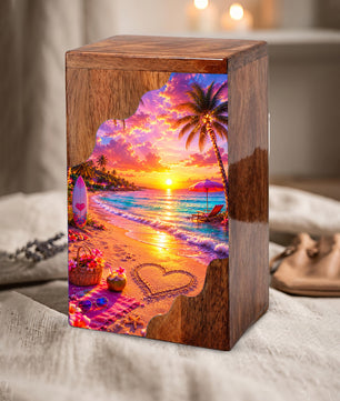 Beach Wooden Cremation Urn – Tropical Sunset Memorial Urn | Wooden Urn for Human Ashes