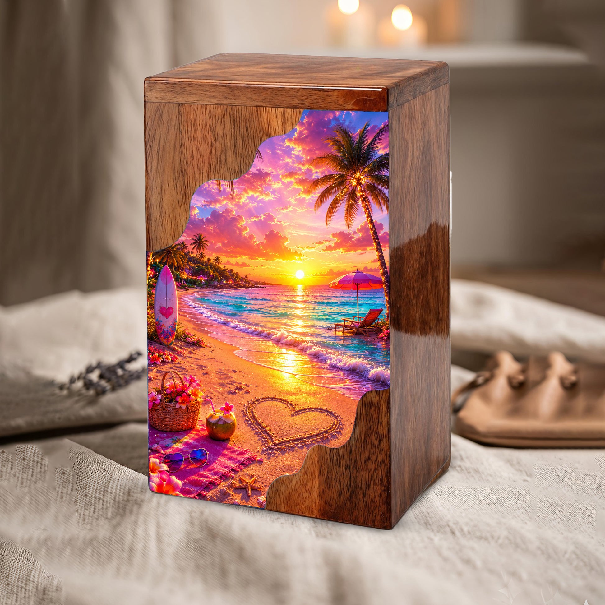 Beach Wooden Cremation Urn – Tropical Sunset Memorial Urn | Wooden Urn for Human Ashes