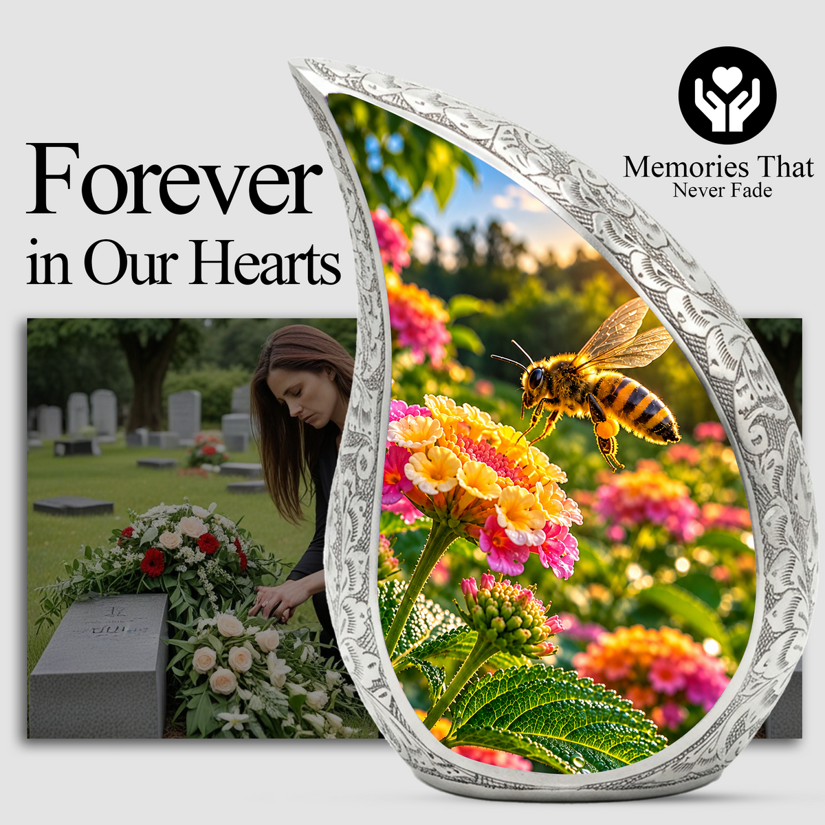 Honey Bee Cremation Urn for Adult Ashes, Bee and Flower Memorial Urn