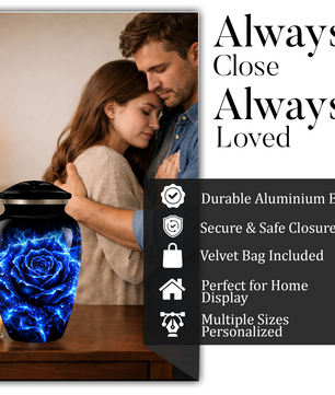 Blue Rose Cremation Urn for Ashes | Personalized Memorial Urn for Human Ashes | Handmade Aluminum Adult Urn