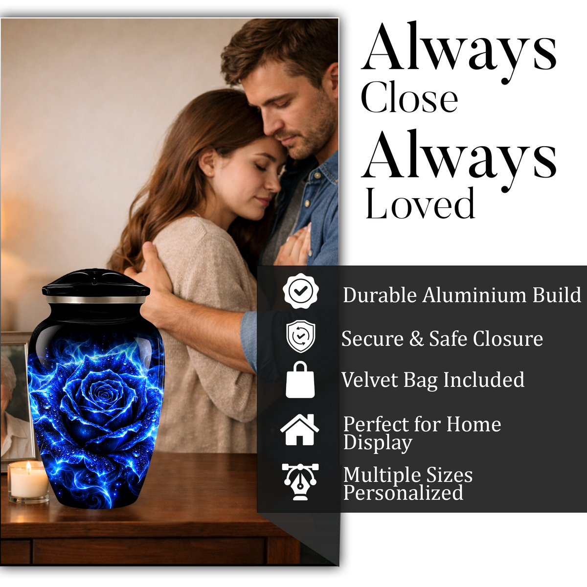 Blue Rose Cremation Urn for Ashes | Personalized Memorial Urn for Human Ashes | Handmade Aluminum Adult Urn