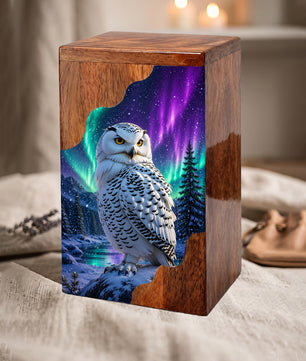 Snowy Owl Wooden Cremation Urn – Aurora Memorial Urn | Wooden Urn for Human Ashes