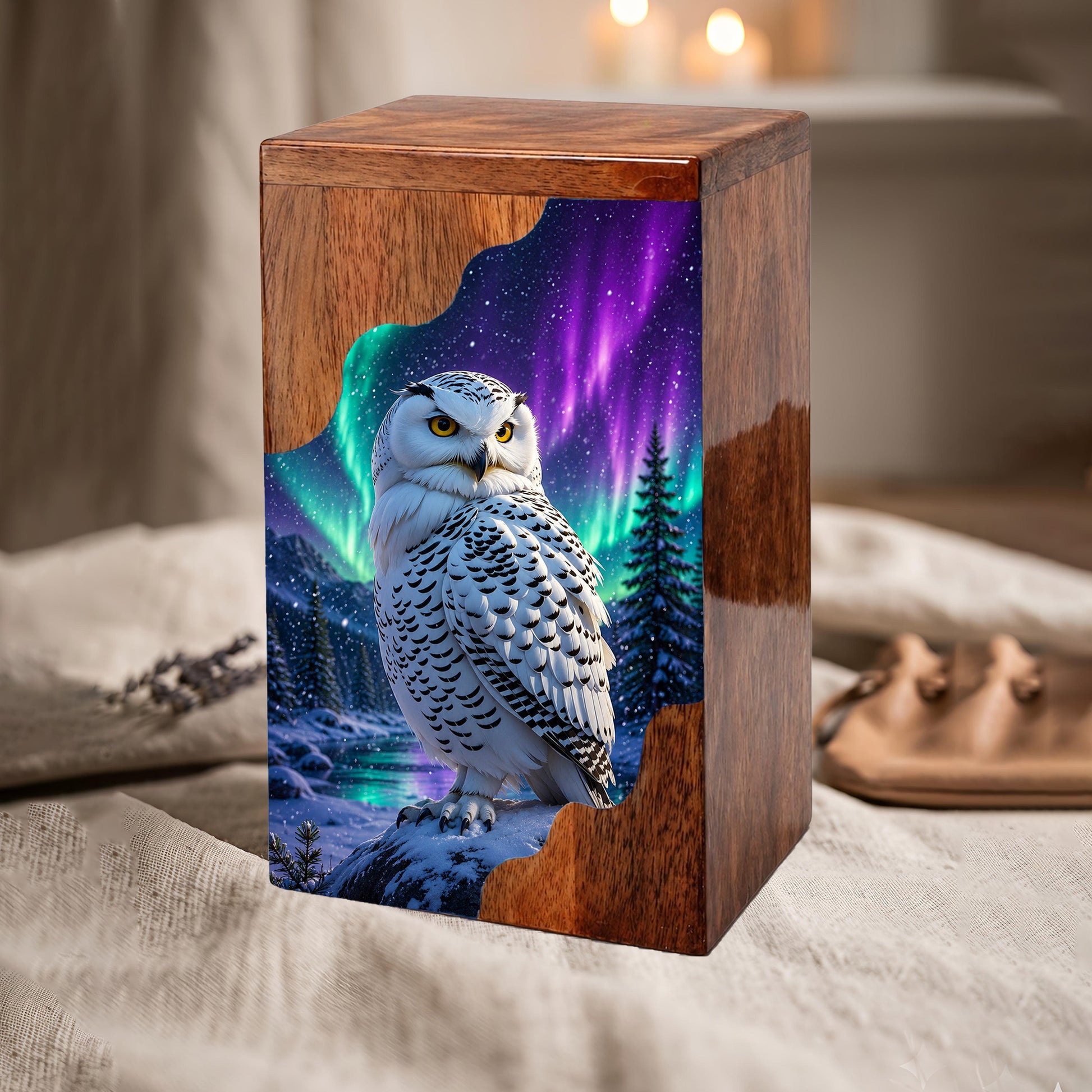 Snowy Owl Wooden Cremation Urn – Aurora Memorial Urn | Wooden Urn for Human Ashes
