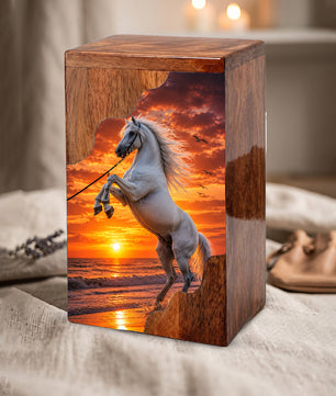 Sunset Horse Wooden Cremation Urn – Ocean Memorial Urn for Human Ashes