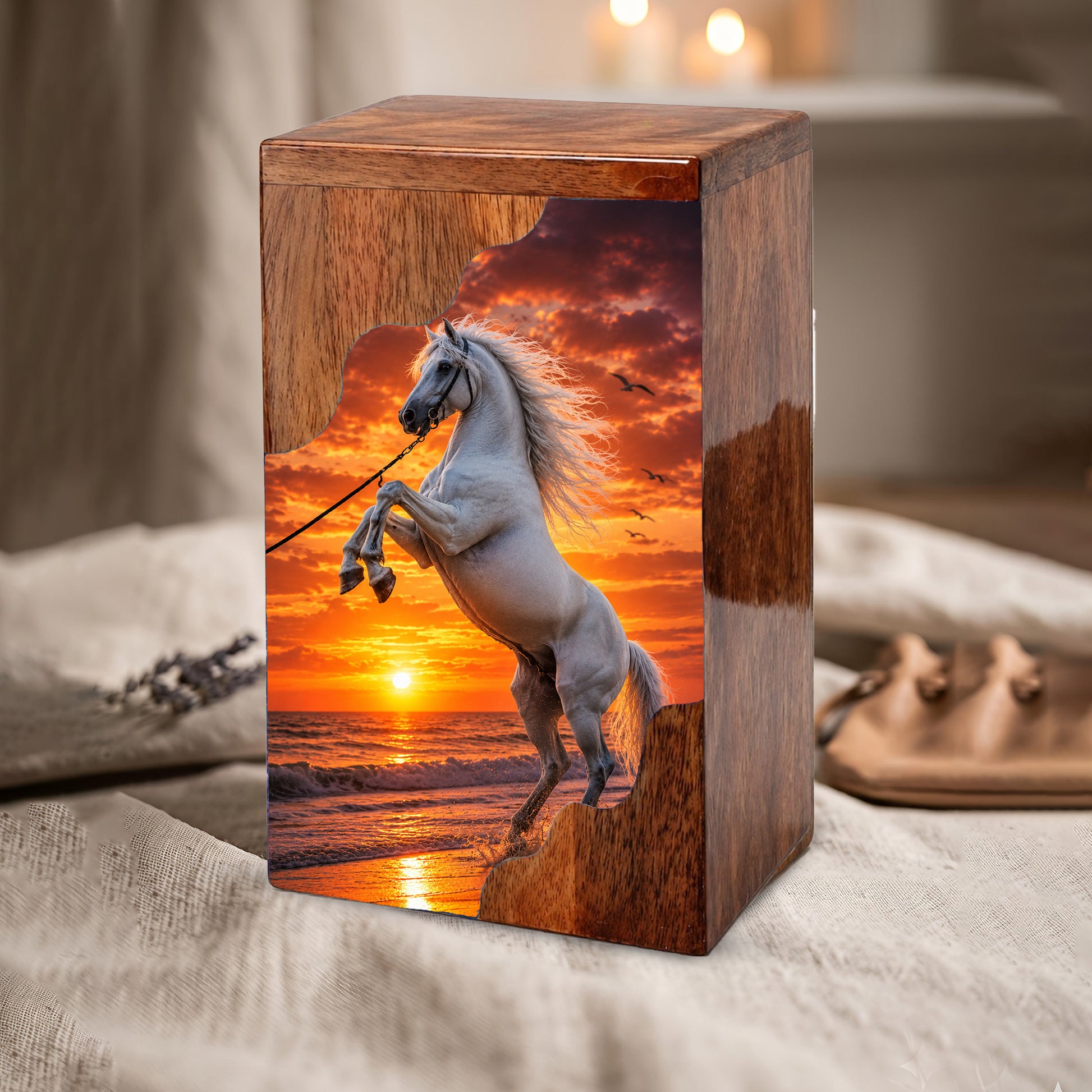 Sunset Horse Wooden Cremation Urn – Ocean Memorial Urn for Human Ashes