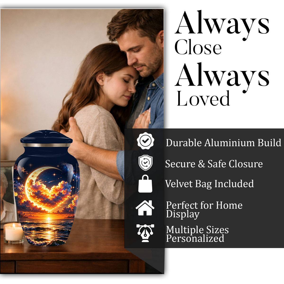 Personalized Adult Cremation Urn for Ashes, Golden Crescent Moon Ocean Memorial Urn, Custom Urn