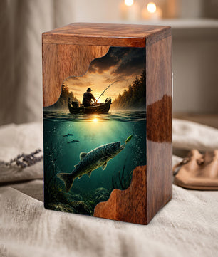 Personalized Wooden Cremation Urn – Fishing Memorial Urn | Gone Fishing Wooden Urn for Dad