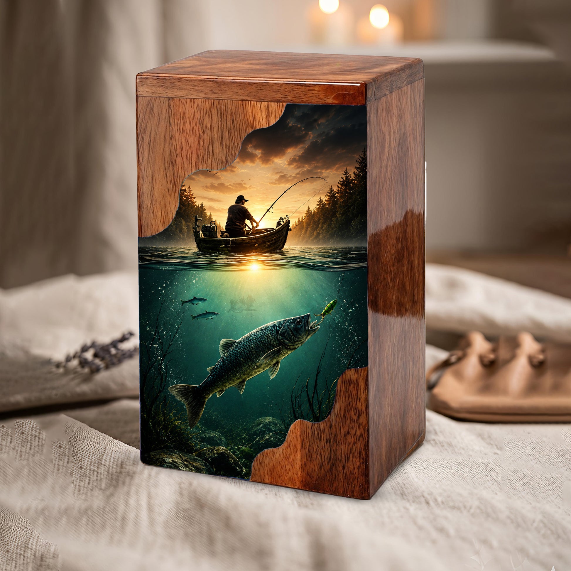 Personalized Wooden Cremation Urn – Fishing Memorial Urn | Gone Fishing Wooden Urn for Dad