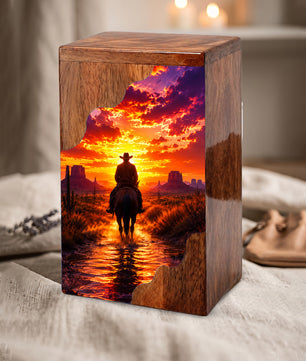 Western Cowboy Wooden Cremation Urn – Sunset Horse Memorial Urn for Human Ashes