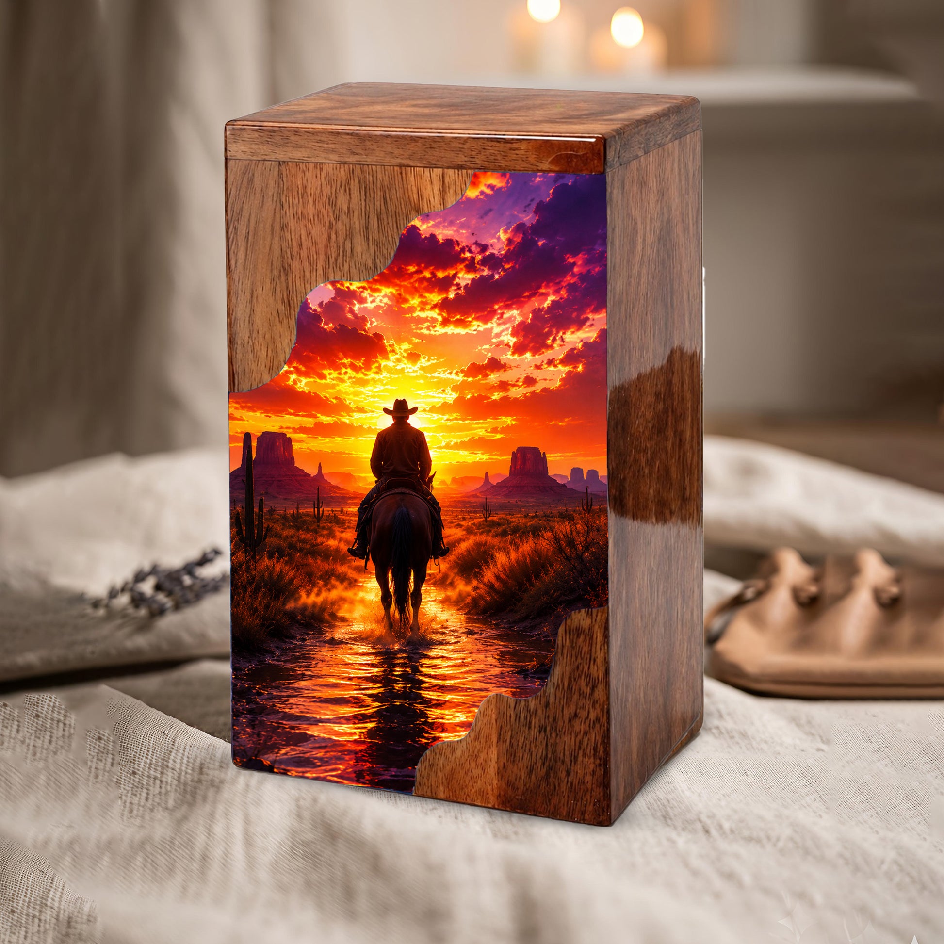 Western Cowboy Wooden Cremation Urn – Sunset Horse Memorial Urn for Human Ashes