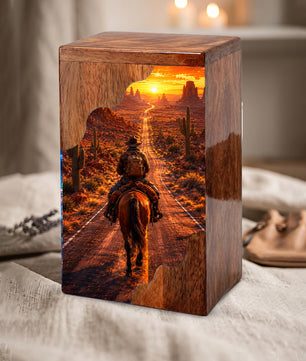 Cowboy Wooden Cremation Urn – Western Memorial Urn for Human Ashes