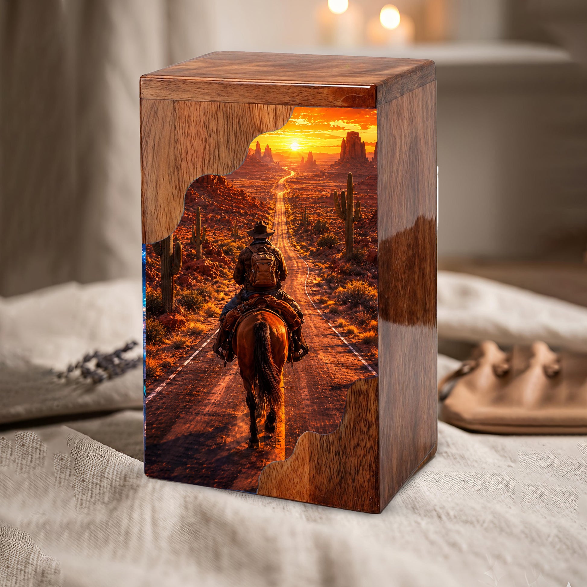 Cowboy Wooden Cremation Urn – Western Memorial Urn for Human Ashes