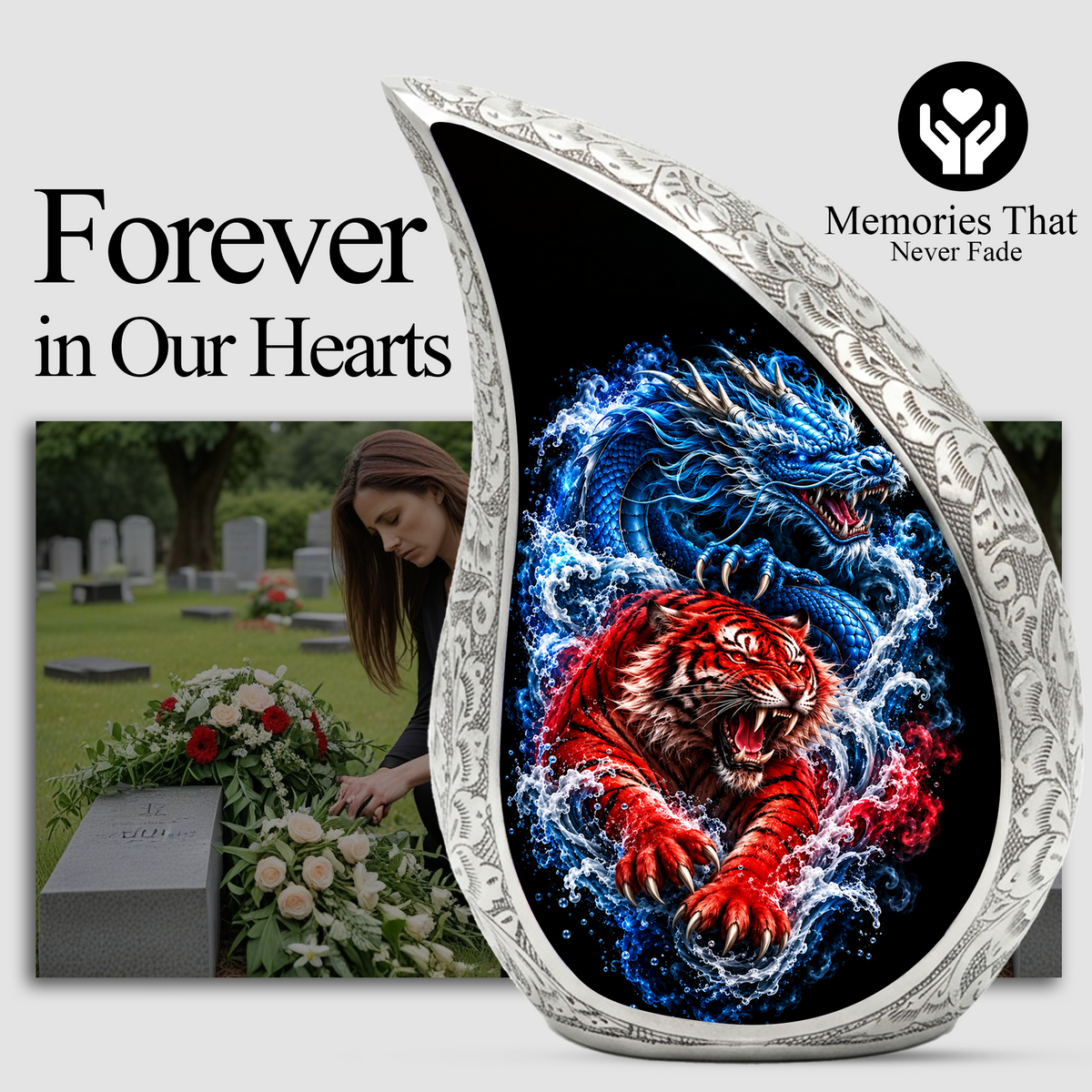 Dragon Tiger Cremation Urn for Ashes, Asian Dragon Memorial Urn, Red Tiger & Blue Dragon Urn, Personalized Adult Urn for Men