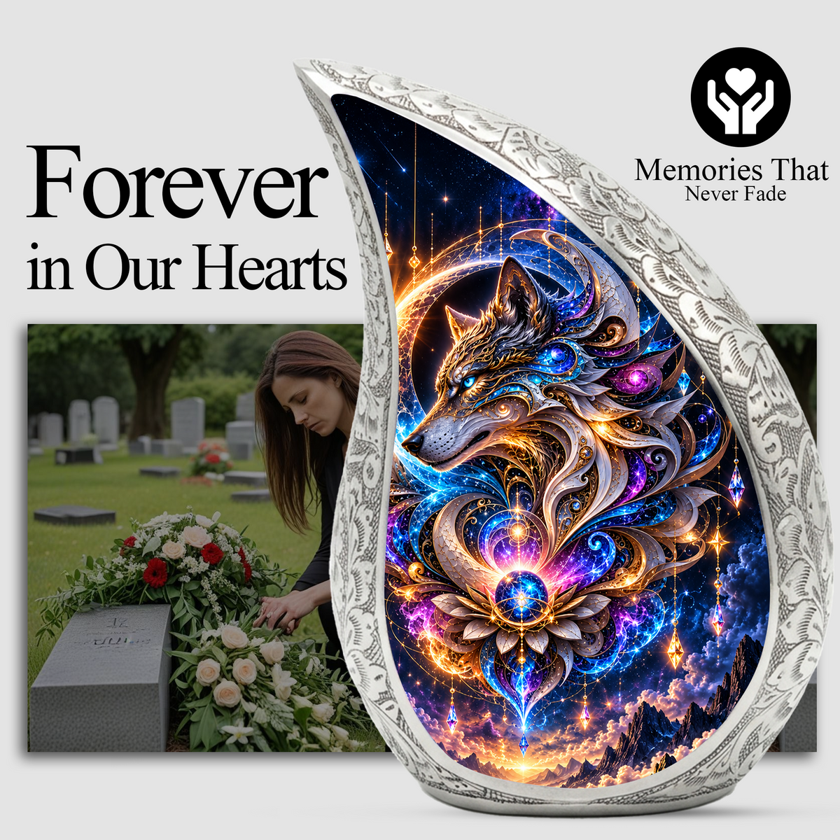 Celestial Wolf Cremation Urn for Ashes, Fantasy Animal Adult Memorial Urn