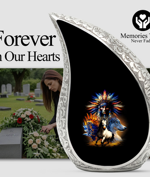 Native American Urns for Dad – Personalized Cremation Urn for Adult Male with Wolf & Horse Spirit Art