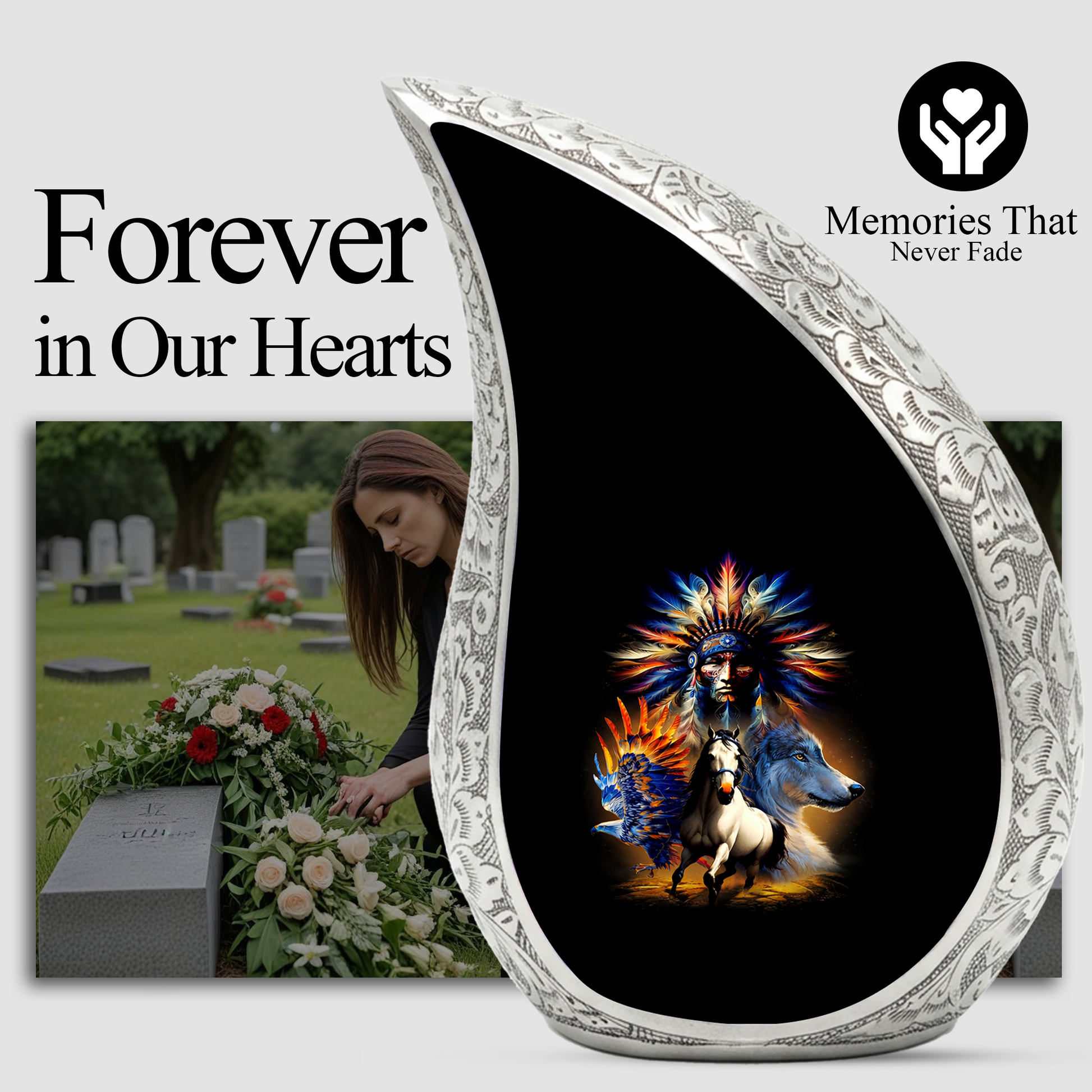 Native American Urns for Dad – Personalized Cremation Urn for Adult Male with Wolf & Horse Spirit Art