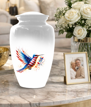 Patriotic Hummingbird Urn for Ashes, American Flag Cremation Urn