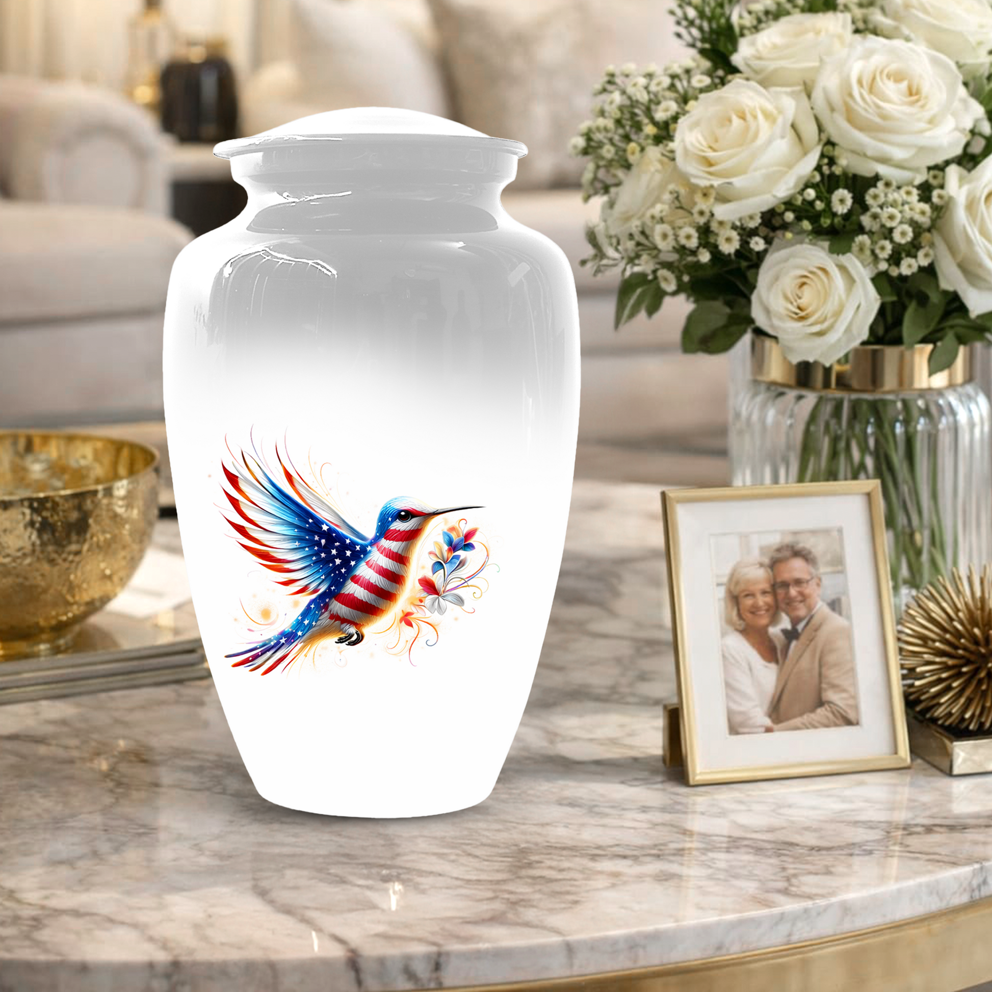Patriotic Hummingbird Urn for Ashes, American Flag Cremation Urn