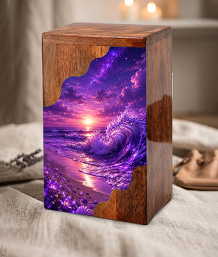 Violet Ocean Wooden Cremation Urn – Beach Theme Wooden Urn for Human Ashes