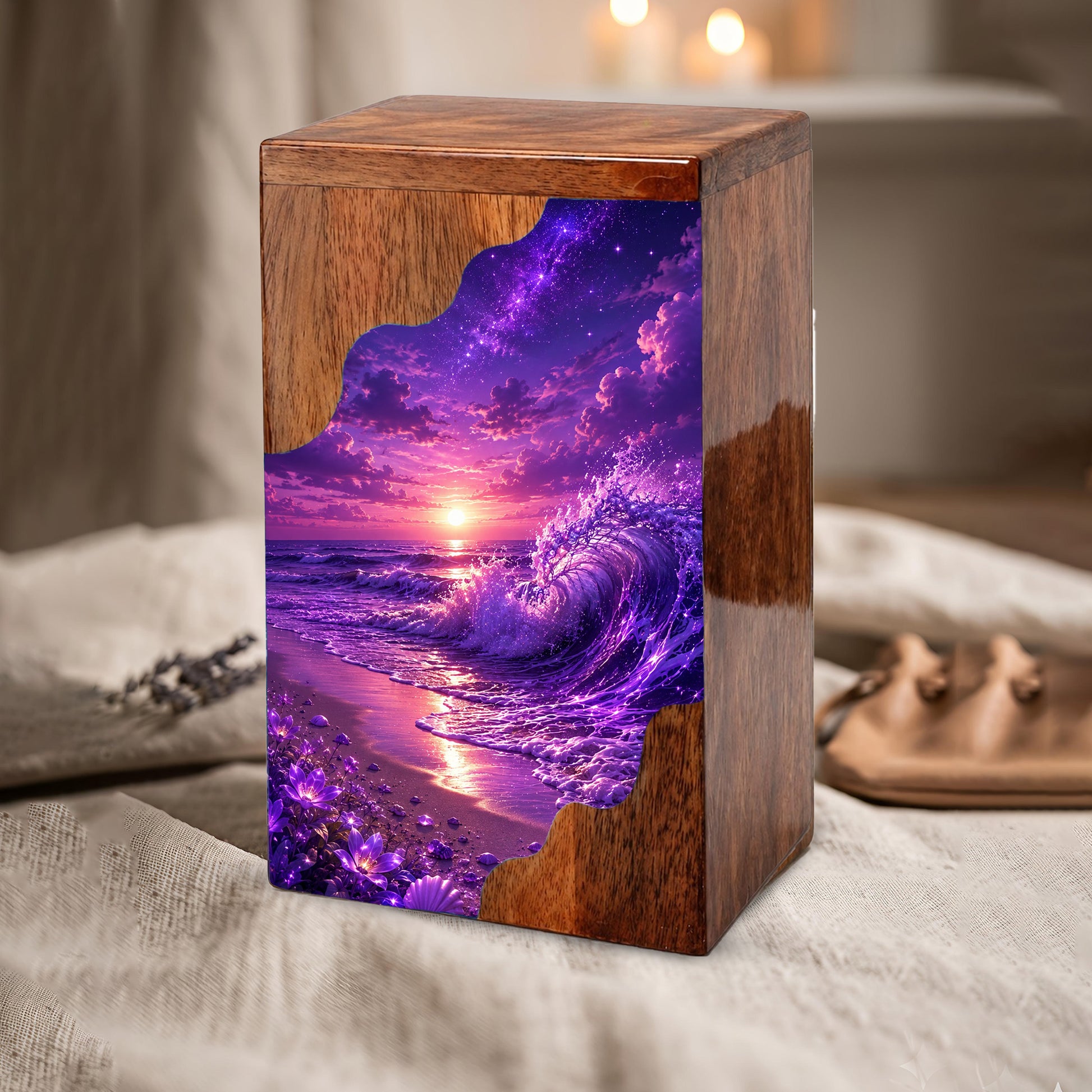 Violet Ocean Wooden Cremation Urn – Beach Theme Wooden Urn for Human Ashes
