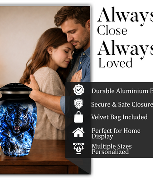 Black Panther Cremation Urn for Ashes, Blue Lightning Big Cat Urn for Human Ashes