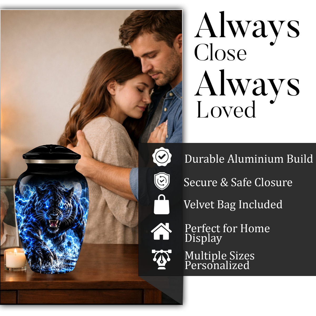 Black Panther Cremation Urn for Ashes, Blue Lightning Big Cat Urn for Human Ashes