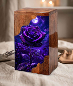 Moonlit Purple Rose Wooden Cremation Urn – Floral Memorial Urn for Human Ashes