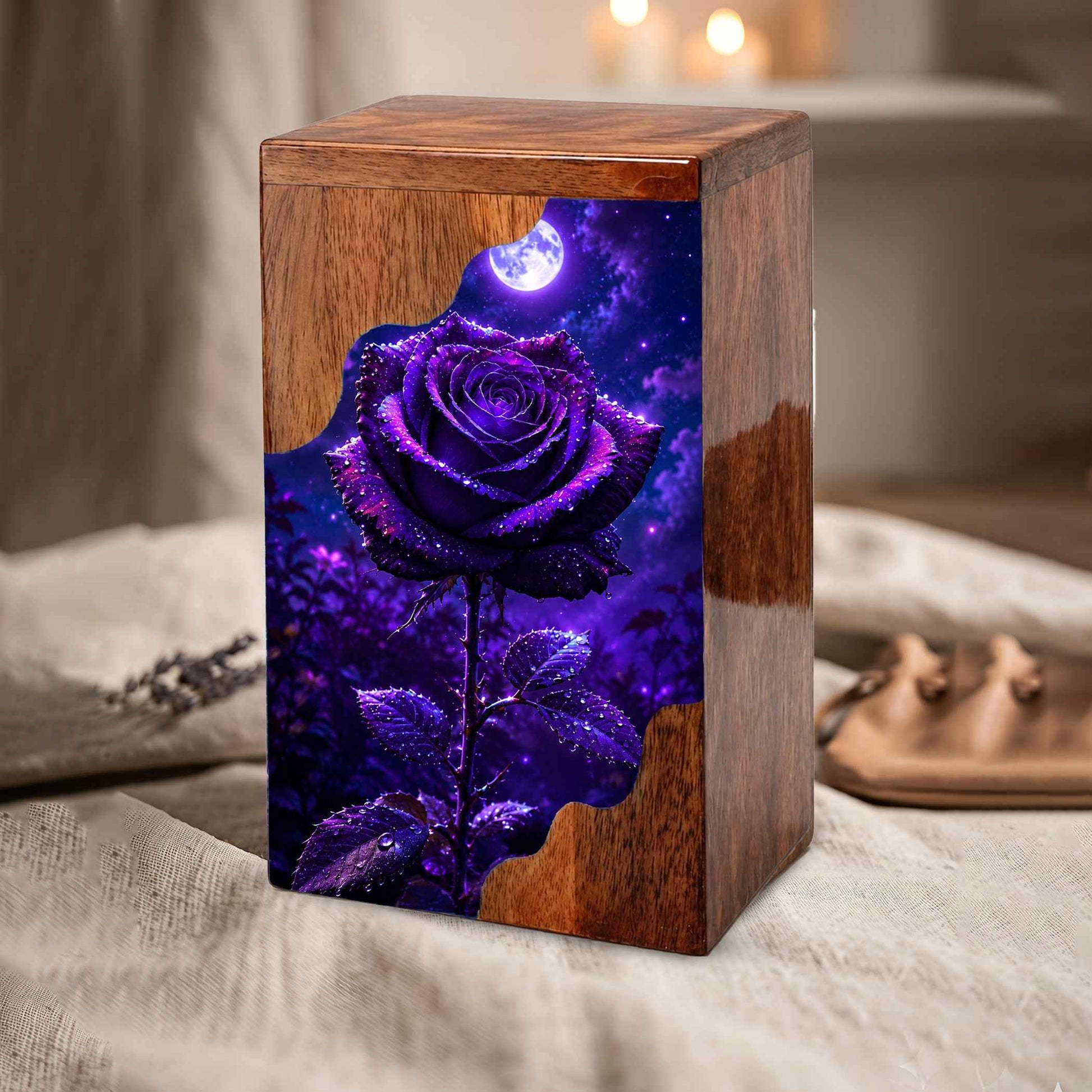 Moonlit Purple Rose Wooden Cremation Urn – Floral Memorial Urn for Human Ashes