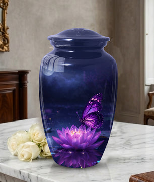 Purple Butterfly Urn for Mom on Lotus Flower | Butterfly Cremation Large Urn for Ashes