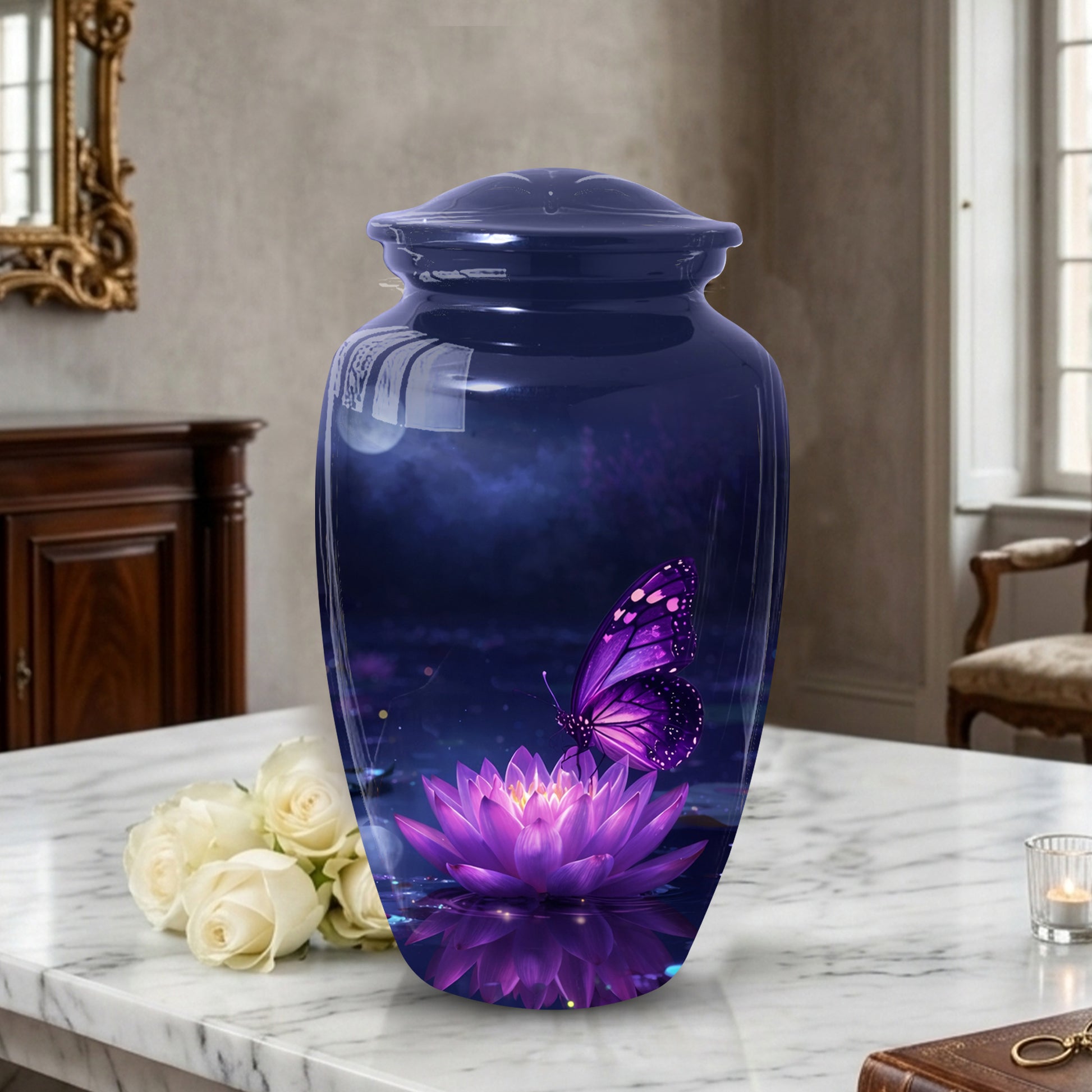 Purple Butterfly Urn for Mom on Lotus Flower | Butterfly Cremation Large Urn for Ashes
