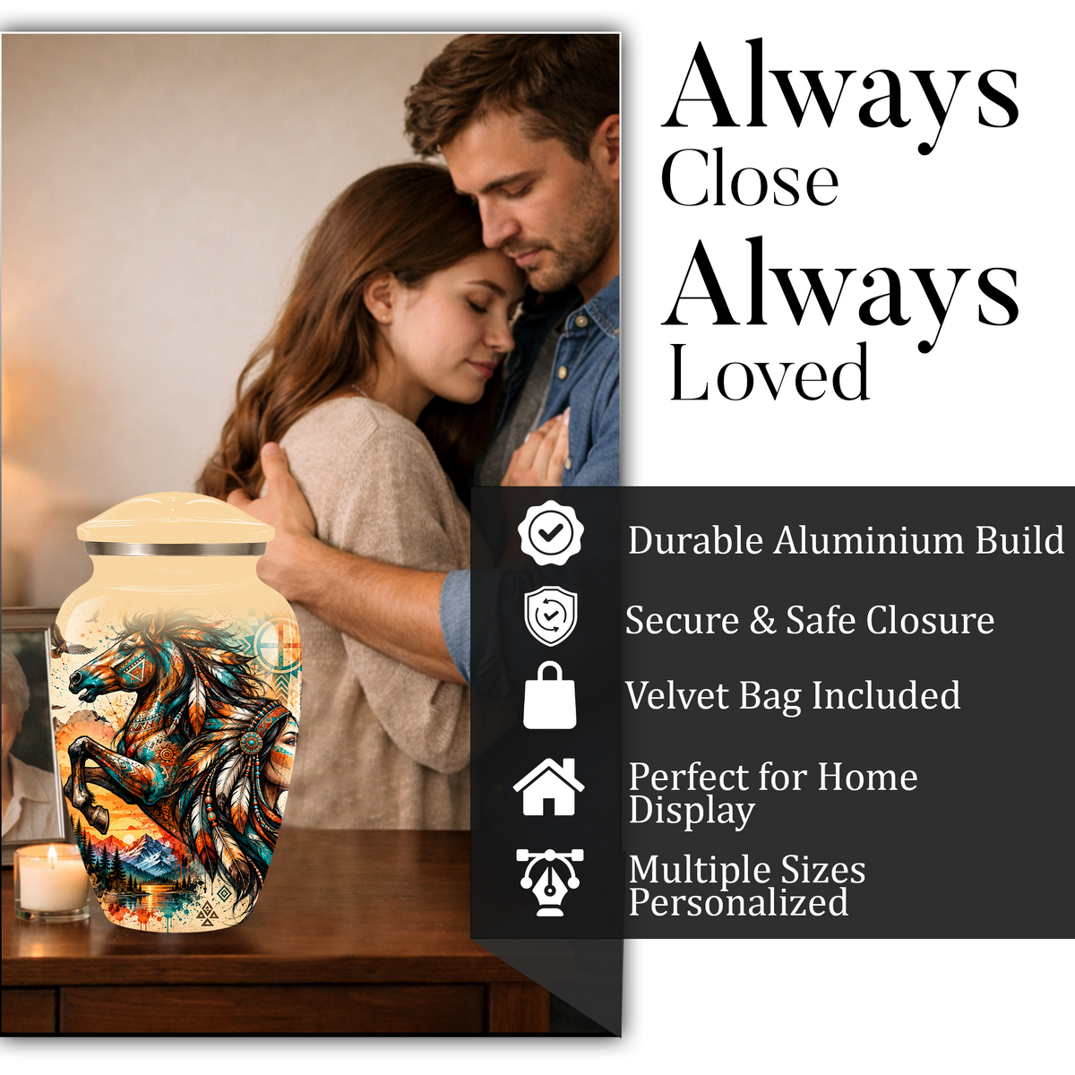Personalized Adult Cremation Urn for Ashes, Native American Horse Memorial Urn, Tribal Horse Cremation Urn