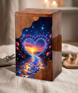 Butterfly Wooden Cremation Urn – Heart Sunset Memorial Urn for Human Ashes