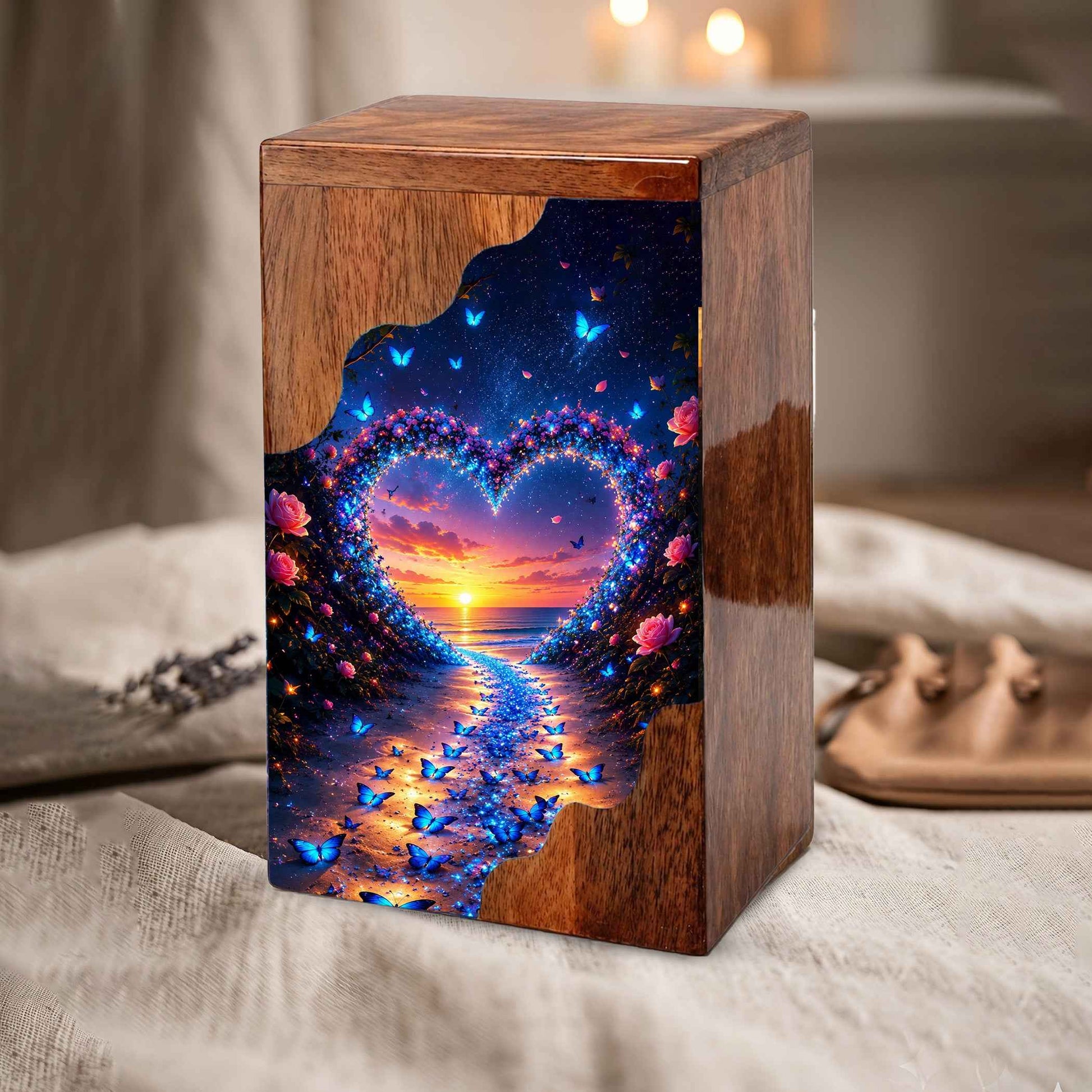 Butterfly Wooden Cremation Urn – Heart Sunset Memorial Urn for Human Ashes