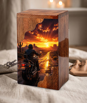 Motorcycle Wooden Cremation Urn – Sunset Ride Memorial Urn for Human Ashes