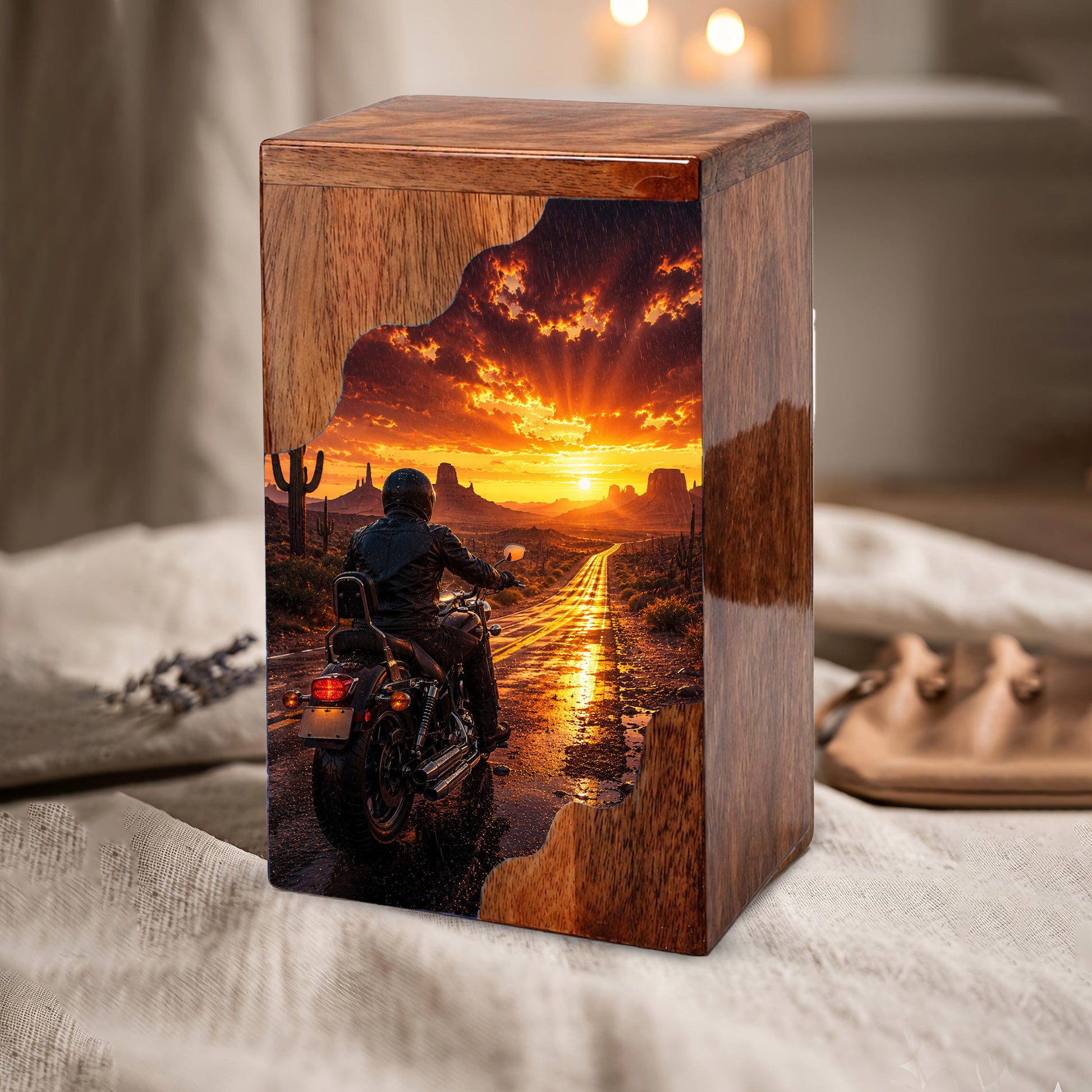 Motorcycle Wooden Cremation Urn – Sunset Ride Memorial Urn for Human Ashes