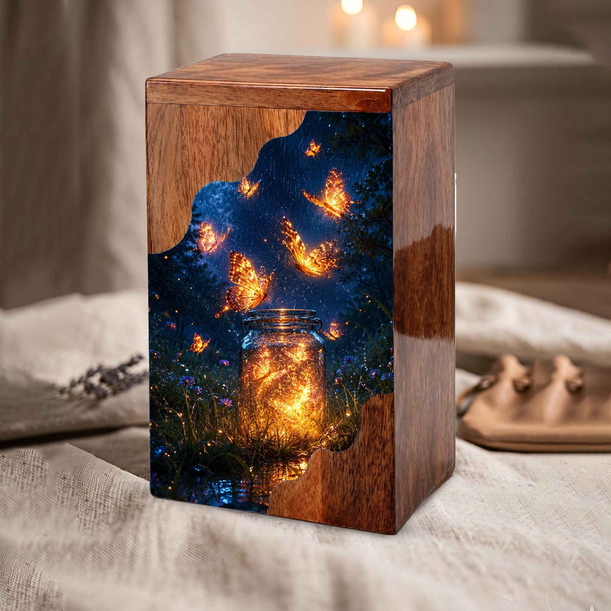Butterfly Wooden Cremation Urn – Glowing Butterfly Memory Jar Memorial Urn for Human Ashes