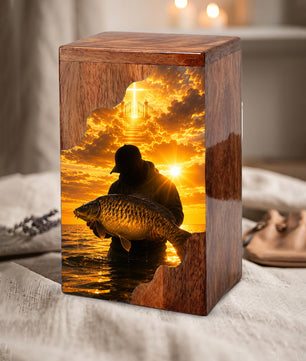 Fisherman Heaven Wooden Cremation Urn – Sunset Fishing Memorial Urn