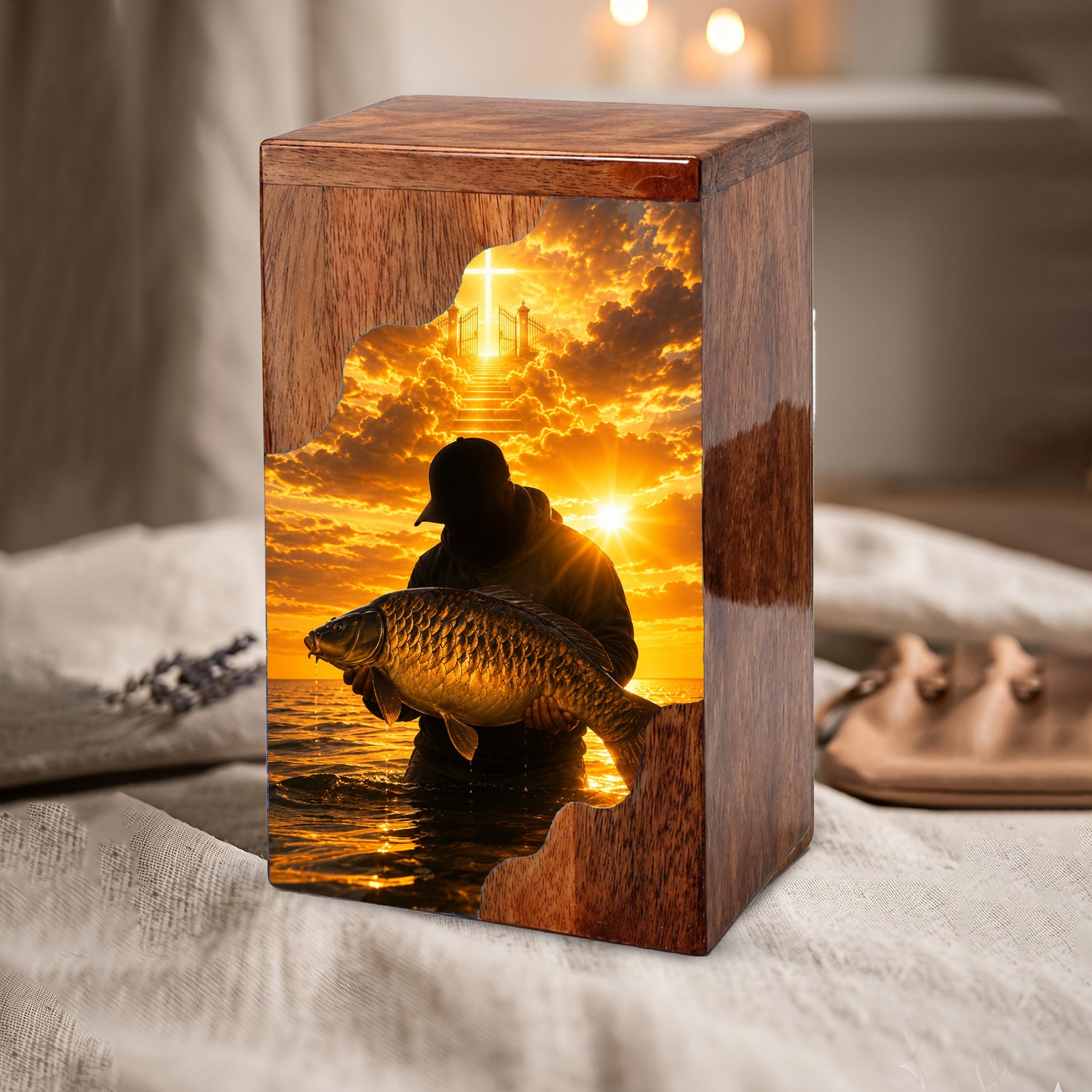 Fisherman Heaven Wooden Cremation Urn – Sunset Fishing Memorial Urn